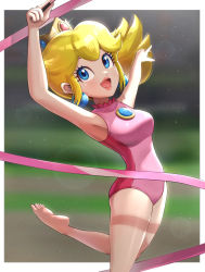 Rule 34 | 1girl, :d, armpit crease, arms up, bare arms, barefoot, blonde hair, blue eyes, blurry, breasts, chest jewel, commentary, crown, depth of field, earrings, gonzarez, gymnastics, highres, holding, holding ribbon, jewelry, leotard, looking up, mario &amp; sonic at the london 2012 olympic games, mario &amp; sonic at the olympic games, mario (series), medium breasts, nintendo, one-piece swimsuit, open mouth, pink leotard, pink one-piece swimsuit, princess peach, rhythmic gymnastics, ribbon, smile, solo, sphere earrings, swimsuit