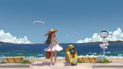 Rule 34 | 1girl, aircraft, bare arms, bare legs, bare shoulders, beach, bird, black hair, blue sky, brown eyes, cloud, da (datako), day, dirigible, dress, from behind, full body, hat, hat ribbon, horizon, light smile, long hair, looking at viewer, looking back, luggage, mirror, motor vehicle, ocean, original, outdoors, ribbon, road, road sign, scooter, shoes, shore, sign, sky, solo, standing, straw hat, street, suitcase, sun hat, sundress, tan, white dress, white footwear