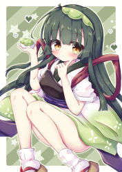 Rule 34 | 1girl, absurdres, bad id, bad pixiv id, blush, brown eyes, brown footwear, closed mouth, commentary request, diagonal stripes, food, gradient kimono, green eyes, green hairband, green kimono, green outline, hair between eyes, hairband, hands up, heart, highres, holding, holding food, index finger raised, japanese clothes, kimono, long hair, muneate, obi, outline, sandals, sash, short sleeves, smile, socks, solo, star (symbol), striped, striped background, touhoku zunko, very long hair, voiceroid, waste (arkaura), white kimono, white socks, zouri
