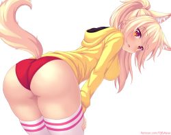 Rule 34 | 1girl, animal ear fluff, animal ears, ass, blonde hair, breasts, buruma, cat ears, cat girl, cat tail, commentary, cowboy shot, english commentary, from behind, hand on leg, hand on own thigh, head tilt, highres, hood, hood down, hoodie, large breasts, leaning forward, long hair, looking at viewer, looking back, nottytiffy, open mouth, original, patreon username, ponytail, red buruma, red eyes, simple background, slit pupils, solo, tail, tail raised, thighhighs, thighs, tiffy (nottytiffy), trefoil, watermark, web address, white background, white thighhighs