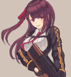 Rule 34 | 1girl, black gloves, breasts, bullpup, framed breasts, girls&#039; frontline, gloves, gun, hair ribbon, holding, holding gun, holding weapon, long hair, long sleeves, medium breasts, moppo, necktie, one side up, open mouth, pink eyes, pink necktie, purple hair, red ribbon, ribbon, rifle, smile, sniper rifle, solo, straight hair, wa2000 (girls&#039; frontline), walther, walther wa 2000, weapon