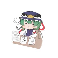 Rule 34 | 1girl, asymmetrical hair, blue hat, chibi, closed eyes, commentary request, frilled hat, frills, green hair, hat, highres, holding, kurotaro, long sleeves, open mouth, paintbrush, shiki eiki, short hair, sitting, sleepy, solo, touhou