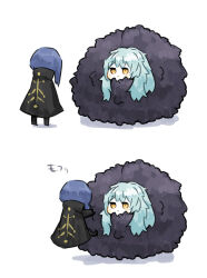 Rule 34 | 1girl, 1other, angela (project moon), black coat, black pants, blue hair, coat, colored skin, commentary request, expressionless, feathers, fluffy, harvest fes, library of ruina, light blue hair, long hair, long sleeves, no nose, pants, project moon, simple background, the bookhunter, translation request, white background, white skin, yellow eyes