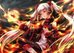 Rule 34 | 1girl, bad deviantart id, bad id, bare shoulders, boots, borrowed character, bug, butterfly, detached sleeves, fire, fire, flower, horns, insect, long hair, pixiv fantasia, pixiv fantasia 5, red eyes, red flower, red rose, rose, solo, twintails, white hair, yukihomu