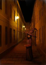 Rule 34 | 1girl, alley, black hair, brick floor, building, cityscape, full body, hat, large hat, looking at viewer, night, night sky, original, outdoors, puffy sleeves, purple hat, purple robe, robe, short hair, sky, solo, wall lamp, wand, wasabi60, witch hat