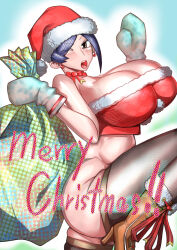 Rule 34 | 1girl, aqua background, ass, bag, bijin onna joushi takizawa-san, black thighhighs, blue hair, blush, boots, breasts, brown eyes, christmas, clothing cutout, cross-laced footwear, dress, ear piercing, female focus, fluffy, from side, gloves, hair over one eye, hat, high heel boots, high heels, highres, holding, holding bag, huge breasts, lace-up boots, leg up, legwear garter, looking at viewer, looking to the side, luckfield, navel cutout, neck, neck ribbon, one eye closed, one leg raised, open mouth, outline, piercing, red ribbon, ribbon, santa costume, santa dress, santa hat, shiny skin, shoes, sidelocks, simple background, skindentation, solo, standing, takizawa kyouko, teeth, thighhighs, tongue, upper teeth only, white outline