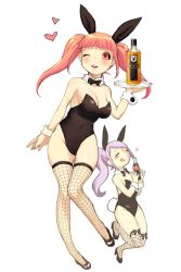 Rule 34 | 2girls, alcohol, animal ears, bad id, bad pixiv id, bottle, bow, bowtie, coca-cola, detached collar, closed eyes, fake animal ears, fishnet legwear, fishnets, highres, htm (gixig), long hair, multiple girls, n:, one eye closed, original, pink hair, playboy bunny, ponytail, purple hair, rabbit ears, rabbit tail, red eyes, tail, thighhighs, tray, twintails, wine, wink, wrist cuffs