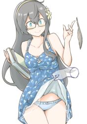 Rule 34 | 1girl, 1other, akara kai, anchor ornament, black hair, blue dress, blue eyes, book, breasts, commentary request, commission, cowboy shot, disembodied hand, dress, flower, frilled panties, frills, glasses, hair flower, hair ornament, hairband, highres, kantai collection, long hair, official alternate costume, ooyodo (kancolle), panties, quill, semi-rimless eyewear, simple background, small breasts, triangle print, under-rim eyewear, underwear, white background, yellow hairband