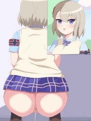 Rule 34 | 1girl, animated, animated gif, anus, armband, ass, azur lane, bathroom, black legwear, blue eyes, blue neckwear, blue shirt, blue skirt, blush, bow, bowtie, breasts, brown footwear, brown hair, cloud, from behind, hair ornament, inset, looking at viewer, open mouth, oreon z, peeing, plaid, plaid neckwear, plaid skirt, pussy, school uniform, shirt, shoes, short hair, short sleeves, skirt, sky, small breasts, smile, socks, squat toilet, squatting, sweater vest, toilet, toilet use, tree, uncensored, wall, yellow sweater vest, z23 (azur lane)