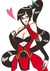 Rule 34 | 1girl, arc system works, bare shoulders, black hair, blazblue, blazblue: calamity trigger, breasts, china dress, chinese clothes, cleavage, dress, female focus, glasses, heart, highres, lao jiu, large breasts, litchi faye ling, long hair, purple eyes, simple background, solo, white background