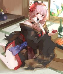 Rule 34 | 1girl, absurdres, barefoot, black kimono, breasts, choko (cup), cup, flower, fox mask, hair flower, hair ornament, hatake oekaki, highres, holding, holding cup, holding mask, hololive, hololive english, japanese clothes, kimono, large breasts, looking at viewer, mask, mori calliope, mori calliope (new year), nail polish, pink hair, red eyes, red nails, short hair, smile, solo, virtual youtuber