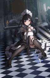 Rule 34 | 1girl, :o, absurdres, alternate costume, ankle strap, arm between legs, bare shoulders, black footwear, black hair, black socks, black thighhighs, blurry, blurry background, breasts, checkered floor, commentary request, detached collar, dot nose, dress, elbow gloves, enmaided, flantia, frilled dress, frills, full body, gloves, hand up, high heels, highres, indoors, looking at viewer, maid, maid headdress, open mouth, orange eyes, parted bangs, sitting, socks, solo, spread legs, teeth, thigh strap, thighhighs, thighs, tower of fantasy, twintails, upper teeth only, w