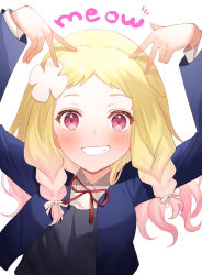 Rule 34 | 1girl, arms up, bad id, bad pixiv id, blonde hair, blue jacket, blush, bow, braid, collared shirt, commentary, double v, english text, flower, gradient hair, grin, hair bow, hair flower, hair ornament, hands up, highres, jacket, long hair, looking at viewer, love live!, love live! superstar!!, multicolored hair, neck ribbon, onitsuka natsumi, pink eyes, pink hair, red ribbon, ribbon, saki usagi, school uniform, shirt, short bangs, shrug (clothing), side braids, simple background, smile, solo, upper body, v, white background, white bow, white flower, winter uniform, yuigaoka school uniform