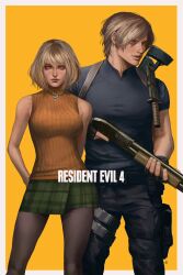 Rule 34 | 1boy, 1girl, ashley graham, bare shoulders, blonde hair, blue eyes, breasts, gun, highres, large breasts, leon s. kennedy, light brown hair, lips, muscular, muscular male, pants, princerevenant, resident evil, resident evil 4, resident evil 4 (remake), short hair, shotgun, skirt, sleeveless, weapon, yellow background