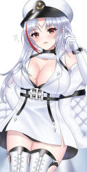 Rule 34 | 1girl, azur lane, boots, breasts, cleavage, coat, fur coat, gloves, hat, highres, large breasts, long hair, looking at viewer, mole, mole on breast, multicolored hair, orange eyes, peaked cap, red hair, satsuka (258), silver hair, simple background, solo, streaked hair, tallinn (azur lane), thigh boots, thighhighs, two-tone hair, white background, white gloves, white hat