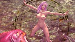 Rule 34 | 1girl, 3d, blade &amp; soul, breasts, facial tattoo, female focus, forest, green eyes, hair ornament, highres, jin (blade &amp; soul), large breasts, long hair, monster, nature, navel, nipples, nude, original, pink hair, shiny skin, tattoo, trapped, uncensored