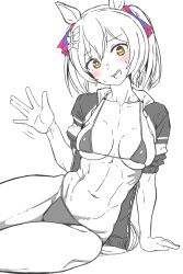 Rule 34 | 1girl, \||/, abs, alternate costume, animal ears, bikini, blush, bow, breasts, commentary request, greyscale, hair bow, highres, horse ears, horse girl, jacket, medium breasts, medium hair, micro bikini, monochrome, navel, on ground, open clothes, open jacket, open mouth, simple background, smart falcon (umamusume), smile, solo, spot color, sweat, swimsuit, track jacket, twintails, umamusume, waving, white background, yaki apple, yellow eyes