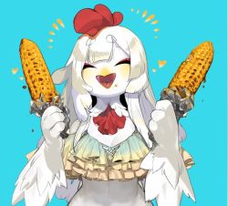 Rule 34 | 1girl, bird, blue background, breasts, chicken, cleavage, closed eyes, corn, corn cob, feathers, food, food on face, furry, furry female, meziro001, open mouth, simple background, solo, white feathers, white hair