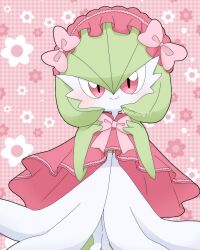 Rule 34 | 1girl, absurdres, artist name, blush, bob cut, bow, bowtie, capelet, closed mouth, clothed pokemon, colored skin, creatures (company), female focus, flat chest, floral background, frilled hairband, frills, game freak, gardevoir, gen 3 pokemon, green hair, green skin, hair between eyes, hair bow, hairband, hands up, happy, highres, looking at viewer, meru (mer milky77), multicolored skin, nintendo, pink background, pink bow, pink bowtie, pink capelet, pokemon, pokemon (creature), red eyes, red hairband, short hair, signature, smile, solo, split mouth, standing, straight-on, twitter username, two-tone skin, white skin