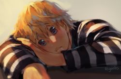 Rule 34 | 1boy, addy (@vegeebs), alternate costume, blonde hair, blush, boku no hero academia, highres, looking at viewer, male focus, messy hair, on table, pout, prison clothes, protected link, short hair, solo, table, togata mirio, upper body
