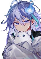 Rule 34 | 1boy, :3, ahoge, androgynous, animal, bishounen, blue fire, blue hair, bottomless, cat, earrings, fire, ghost, hair between eyes, highres, holding, holding animal, holding cat, holostars, hug, jacket, jewelry, kairi (kai ri), long hair, long sleeves, looking at another, looking at viewer, messy hair, minase rio, multicolored hair, naughty face, purple eyes, purple hair, solo, two-tone hair, virtual youtuber, white cat