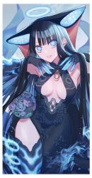 Rule 34 | 1girl, bare shoulders, black dress, black gloves, black headwear, black thighhighs, blue eyes, blue fire, blunt bangs, blush, breasts, center opening, cleavage, dress, elbow gloves, fate/grand order, fate (series), fire, gloves, grin, halo, katagiri (mighty swing), large breasts, long hair, looking at viewer, pelvic curtain, purple hair, side slit, sidelocks, smile, solo, thighhighs, thighs, very long hair, yang guifei (fate), yang guifei (third ascension) (fate)