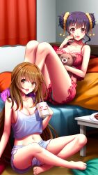 Rule 34 | 2girls, :d, bare legs, barefoot, bedroom, black hair, breasts, brown eyes, brown hair, cleavage, crop top, cup, double bun, doukyuusei 2, doukyuusei another world, food, food on face, game cg, green panties, hair bun, hair ornament, hair scrunchie, holding, holding cup, holding food, indian style, kakyuusei 2, large breasts, long hair, midriff, multiple girls, narusawa yui, navel, on bed, open mouth, panties, pantyshot, red eyes, red panties, red shorts, saimon tamaki, scrunchie, short shorts, shorts, sitting, sleepwear, smile, stomach, stuffed animal, stuffed toy, teddy bear, underwear, very long hair, white shorts, yellow scrunchie