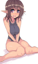 Rule 34 | 1girl, bad id, bad pixiv id, black one-piece swimsuit, blush, brown hair, fang, looking at viewer, one-piece swimsuit, osuman toruko, pointy ears, purple eyes, solo, sweatdrop, swimsuit, white background