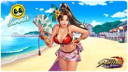 Rule 34 | 1girl, alternate costume, beach, bikini, blue sky, bracelet, breasts, brown eyes, brown hair, cleavage, cloud, cloudy sky, copyright name, emmakof, english text, female focus, floral print, flower, flower on head, gold, hair flower, hair ornament, hand fan, hand on own hip, highres, holding, holding fan, jewelry, large breasts, leaf, leaf on head, lifebuoy, long hair, multi-strapped bikini bottom, nails, navel, necklace, ocean, open mouth, ponytail, red bikini, red nails, sand, sarong, shiranui mai, skirt, sky, smile, solo, swim ring, swimsuit, the king of fighters