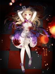 Rule 34 | 1girl, adabana no yakata killing game, artist name, blonde hair, blood, blood on face, checkered floor, dress, flats, frills, from above, grin, long hair, looking at viewer, lying, official art, on back, parted lips, pink eyes, purple dress, purple footwear, shoes, smile, solo, sukja, teeth, thighhighs, white thighhighs, wrist cuffs