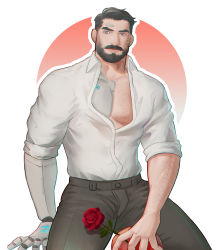 Rule 34 | 1boy, absurdres, bara, beard, chest hair, collared shirt, facial hair, feet out of frame, flower, highres, holding, holding flower, large pectorals, looking at viewer, male focus, mature male, mlacc, muscular, muscular male, mustache, original, partially unbuttoned, pectoral cleavage, pectorals, prosthesis, prosthetic arm, rose, shirt, short hair, solo, thick eyebrows, thick thighs, thighs, valentine, white shirt