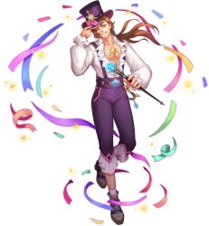Rule 34 | 1boy, artist request, bare pectorals, belt, brown hair, chain, confetti, crystal, dress, felix (gyee), gyee, hand on headwear, hat, long hair, long sleeves, looking at viewer, male focus, medallion, multicolored eyes, official art, one eye closed, open clothes, open dress, pants, pectorals, rainbow eyes, shoes, smile, socks, solo, staff, transparent background