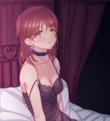 Rule 34 | 1girl, aoba misaki, black choker, breasts, brown eyes, brown hair, butterfly earrings, choker, cleavage, covered erect nipples, earrings, idolmaster, idolmaster million live!, idolmaster million live! theater days, indoors, jewelry, loeldrive, long hair, looking at viewer, medium breasts, no pupils, on bed, pillow, solo, two side up