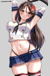 Rule 34 | 1girl, absurdres, amagi (kancolle), arms behind head, black hairband, black neckerchief, black panties, blue sailor collar, blue skirt, breasts, brown eyes, brown hair, cosplay, cowboy shot, crop top, elbow gloves, flower, gloves, grey background, hair flower, hair ornament, hairband, highleg, highleg panties, highres, kantai collection, large breasts, long hair, looking at viewer, microskirt, miniskirt, mizuki (uzuki no sato), neckerchief, one-hour drawing challenge, panties, pleated skirt, sailor collar, shimakaze (kancolle), shimakaze (kancolle) (cosplay), shirt, simple background, skirt, sleeveless, sleeveless shirt, solo, striped clothes, striped thighhighs, thighhighs, underwear, white gloves