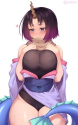 Rule 34 | 1girl, black hair, blue eyes, blush, breasts, cameltoe, cleft of venus, commentary, covered erect nipples, cowboy shot, elma (maidragon), gradient hair, hands on own chest, heart, highres, horns, iwbitu, kobayashi-san chi no maidragon, large breasts, looking away, multicolored hair, purple hair, scarf, short hair, simple background, single horn, smile, solo, tail, white background