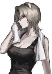 Rule 34 | 1girl, absinthe (arknights), absurdres, animal ears, arknights, bear ears, black shirt, blouse, closed mouth, collarbone, grey hair, highres, huangjin shizi, looking at viewer, red eyes, shirt, simple background, solo, towel, upper body, white background, wiping