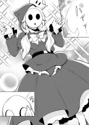 Rule 34 | 1girl, belt, bow, bowtie, comic, damii0807, dress, frilled dress, frills, greyscale, hair ornament, hands up, highres, holding, holding mask, hooded dress, humanization, long hair, long sleeves, low twintails, mario (series), mask, monochrome, new super mario bros. u deluxe, nintendo, shy gal, shy guy, sparkle, super crown, transformation, twintails