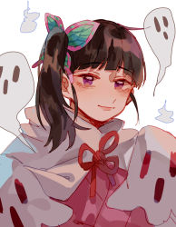 Rule 34 | 1girl, absurdres, black hair, butterfly hair ornament, closed mouth, commentary, ghost, hair ornament, highres, japanese clothes, kimetsu no yaiba, kimono, long hair, looking at viewer, mogutofuoes, neck ribbon, pink kimono, purple eyes, red ribbon, ribbon, side ponytail, simple background, smile, solo, tsuyuri kanao, upper body, white background