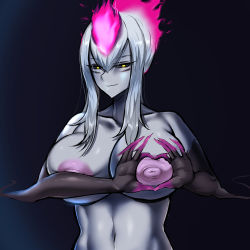 Rule 34 | 1girl, black sclera, breasts, claws, collarbone, colored sclera, colored skin, evelynn (league of legends), facial mark, female focus, fiery hair, grey skin, heart, heart-shaped boob challenge, heart hands, huge breasts, league of legends, multicolored hair, navel, nipples, pink hair, radracer, short hair with long locks, solo, yellow eyes, you&#039;re doing it wrong