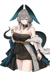 Rule 34 | 1girl, absurdres, arknights, bare arms, bare shoulders, black choker, black dress, blue eyes, bracelet, breasts, choker, cleavage, commentary, cropped legs, dress, grey hair, grin, hand up, head wings, highres, ho&#039;olheyak (arknights), ho&#039;olheyak (carriage of the winds of time) (arknights), jewelry, large breasts, looking at viewer, medium hair, official alternate costume, rain (rain8649), simple background, smile, snake tail, solo, standing, strapless, strapless dress, tail, thighs, white background, wings