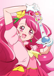 Rule 34 | 1girl, :d, arm up, blush, cure grace, flower, fuchi (nightmare), gloves, gradient background, hair flower, hair ornament, healin&#039; good precure, heart, heart hair ornament, highres, holding, jacket, long hair, looking at viewer, open clothes, open jacket, open mouth, pink background, pink hair, pink jacket, pink shirt, precure, red eyes, red flower, red rose, red skirt, rose, shirt, short sleeves, skirt, smile, solo, standing, swept bangs, very long hair, white background, white gloves, yellow flower, yellow neckwear