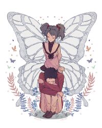 Rule 34 | 1boy, 1girl, arms behind back, artist name, black bow, black hair, black shirt, black skirt, blue hair, bow, bowtie, brown footwear, bug, butterfly, butterfly wings, char&#039;s counterattack, closed eyes, closed mouth, crossed arms, crying, dated, fern, frilled sailor collar, frills, full body, gundam, hathaway noa, highres, insect, insect wings, jacket, knees to chest, long hair, long sleeves, miniskirt, noko (noko1280), pleated skirt, quess paraya, red jacket, sailor collar, shirt, short hair, simple background, sitting, skirt, smile, standing, star (symbol), turtleneck, twintails, u u, uneven twintails, white background, white shirt, wings