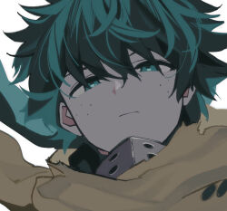 Rule 34 | 1boy, aqua eyes, aqua hair, boku no hero academia, cape, close-up, closed mouth, eyebrows hidden by hair, floating cape, floating clothes, freckles, frown, green hair, hair between eyes, highres, looking at viewer, makuro, male focus, mask, mask around neck, midoriya izuku, mouth mask, narrowed eyes, official alternate costume, portrait, short hair, simple background, solo, spoilers, torn cape, torn clothes, white background, yellow cape