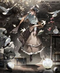 Rule 34 | 1girl, abstract background, absurdres, bird, blue eyes, book, brown footwear, brown hair, brown skirt, chinese commentary, commentary request, dove, flower, fors wall, gloves, highres, long hair, lord of the mysteries, moon, open book, scarf, shaded face, shadow, shirt, single glove, skirt, suitcase, tree, vase, white shirt, wooden floor, yn365tianmoyu
