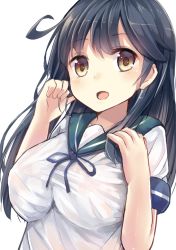 Rule 34 | 10s, 1girl, :d, ahoge, black hair, breasts, female focus, kantai collection, large breasts, long hair, looking at viewer, neckerchief, open mouth, sailor collar, school uniform, serafuku, simple background, smile, solo, u rin, upper body, ushio (kancolle), white background