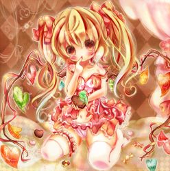 Rule 34 | 1girl, alternate hairstyle, alternate wings, bad id, bad pixiv id, bare shoulders, blonde hair, blush, candy, chocolate, embodiment of scarlet devil, female focus, finger to mouth, flandre scarlet, food, heart, looking at viewer, momoon karin, no headwear, no headwear, panties, pink panties, red eyes, sitting, solo, strap slip, thighhighs, touhou, twintails, underwear, underwear only, valentine, white thighhighs, wings