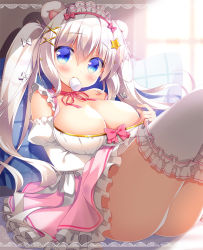 Rule 34 | 1girl, animal ears, ass, bare shoulders, bear ears, blue eyes, blush, bow, breasts, cleavage, commentary request, detached sleeves, food, food in mouth, frilled skirt, frilled thighhighs, frills, hair between eyes, hair bow, hair ornament, head tilt, headdress, indoors, juliet sleeves, large breasts, long sleeves, looking at viewer, marshmallow, mouth hold, neck ribbon, off shoulder, original, pillow, pink ribbon, pink skirt, puffy sleeves, ribbon, sasai saji, shirt, sidelocks, silver hair, sitting, skirt, solo, star (symbol), star hair ornament, thighhighs, white bow, white shirt, white thighhighs, window