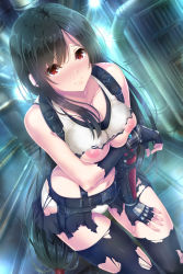 Rule 34 | 1girl, arm under breasts, belt, belt buckle, black belt, black gloves, black hair, black skirt, black thighhighs, blush, breast hold, breasts, buckle, closed mouth, collarbone, commentary request, eyes visible through hair, final fantasy, final fantasy vii, final fantasy vii remake, fingerless gloves, gloves, hand on own leg, highres, industrial pipe, leaning forward, long hair, looking at viewer, low-tied long hair, medium breasts, navel, nipple slip, nipples, nose blush, paid reward available, panties, red eyes, shirt, skirt, solo, square enix, standing, suspender skirt, suspenders, tank top, thighhighs, tifa lockhart, toenketsu, torn clothes, torn gloves, torn shirt, torn skirt, torn thighhighs, underwear, very long hair, white panties, white shirt