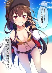 Rule 34 | 1girl, bare shoulders, bikini, black bikini, black hat, blue sky, blush, breasts, brown hair, cleavage, cloud, collarbone, commentary request, day, fate/grand order, fate (series), frilled bikini, frills, front-tie bikini top, front-tie top, grin, halterneck, hat, headphones, headphones around neck, highres, jacket, kaniya shiku, leaning forward, long hair, long sleeves, looking at viewer, medium breasts, navel, oda nobunaga (fate), oda nobunaga (koha-ace), oda nobunaga (swimsuit berserker) (first ascension) (fate), oda nobunaga (swimsuit berserker) (second ascension) (fate), off shoulder, open clothes, open jacket, peaked cap, red eyes, sky, smile, solo, speech bubble, standing, stomach, sweat, swimsuit, thighs, translation request, v-shaped eyebrows, very long hair