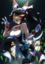 Rule 34 | 1girl, :d, absurdres, animal ear fluff, animal ears, bare shoulders, bell, black hair, blue bow, blurry, blurry background, bow, breasts, brown eyes, depth of field, dress, fang, gloves, glowstick, hair ornament, hands up, highres, hololive, jingle bell, long hair, looking at viewer, medium breasts, multicolored hair, official alternate costume, ookami mio, open mouth, pleated dress, ponytail, red hair, sleeveless, sleeveless dress, smile, solo, streaked hair, tail, tail wrap, thigh strap, v, very long hair, virtual youtuber, white dress, white gloves, wolf ears, wolf girl, wolf tail, yamabuki7979